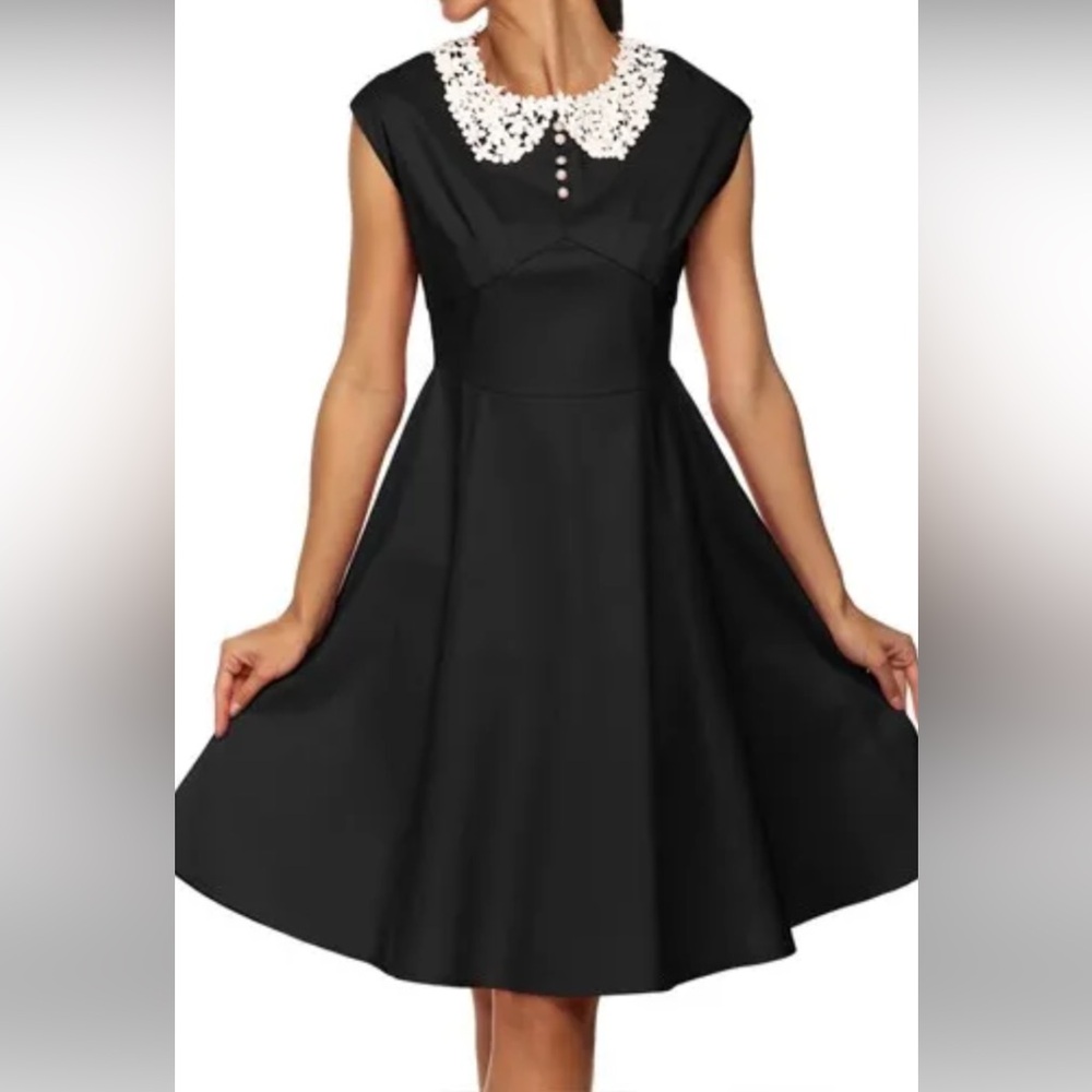 White Lace Collar Vintage-Inspired Dress by Miusol, Black, Large, EUC